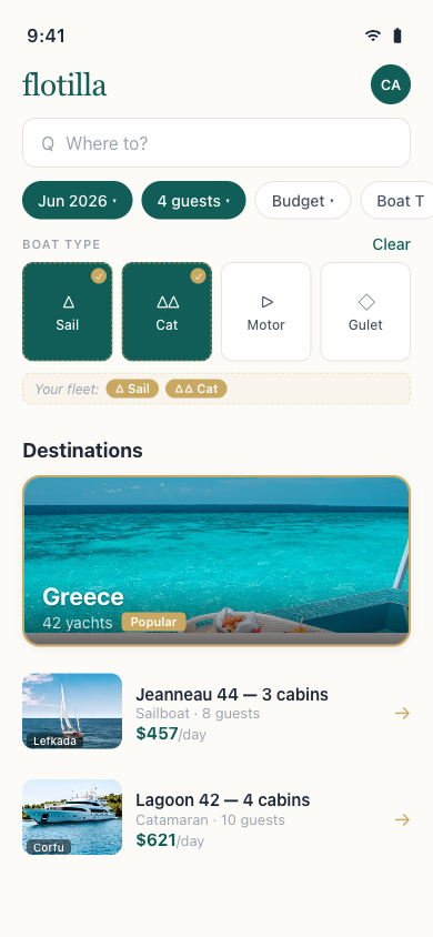 Flotilla app — search yachts, filter by boat type, browse destinations across Greece, Croatia, and more